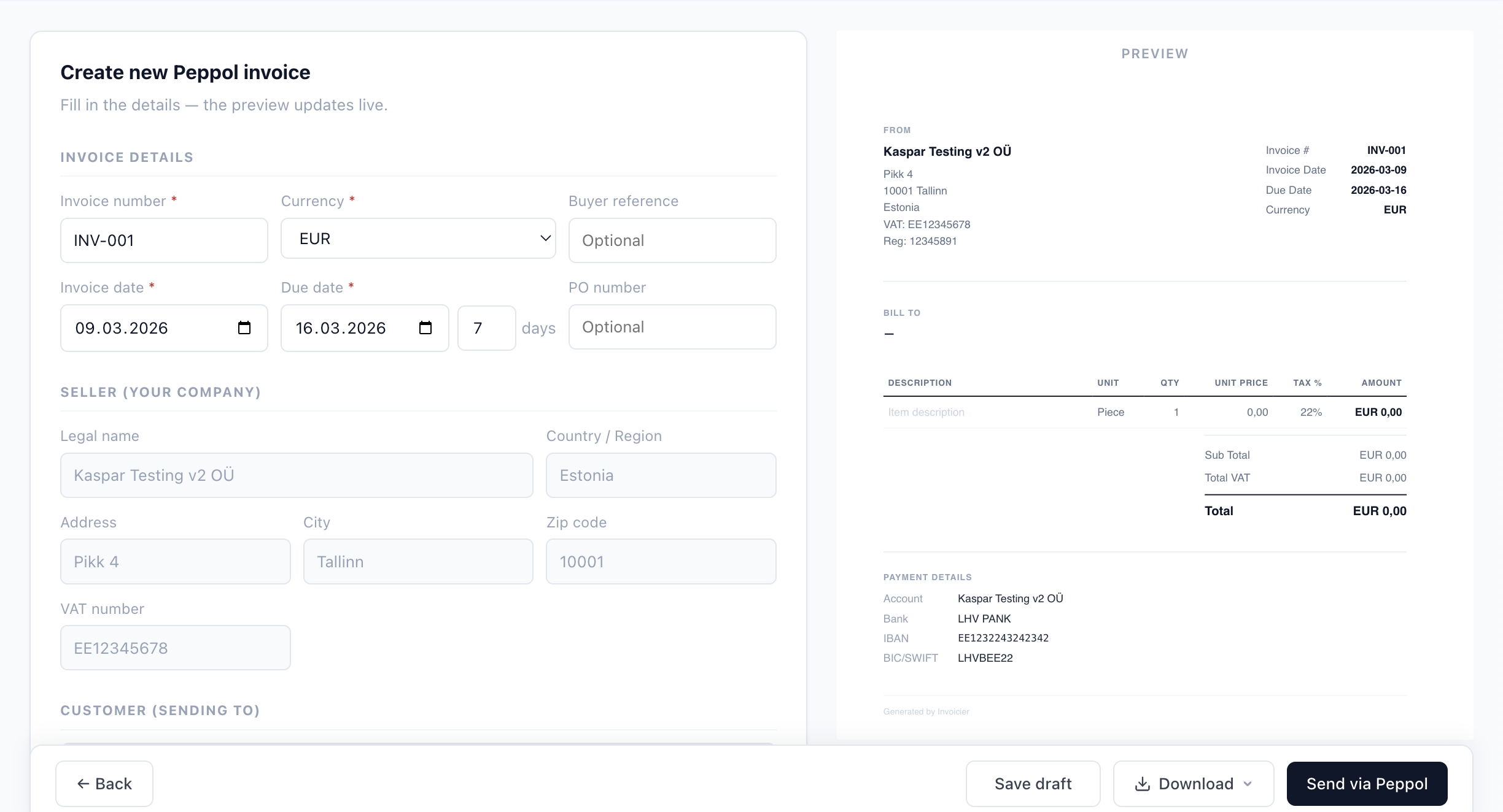 Invoicier — create and send Peppol invoices
