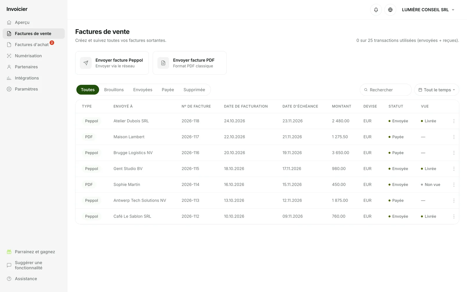 Liste des factures de vente dans Invoicier
