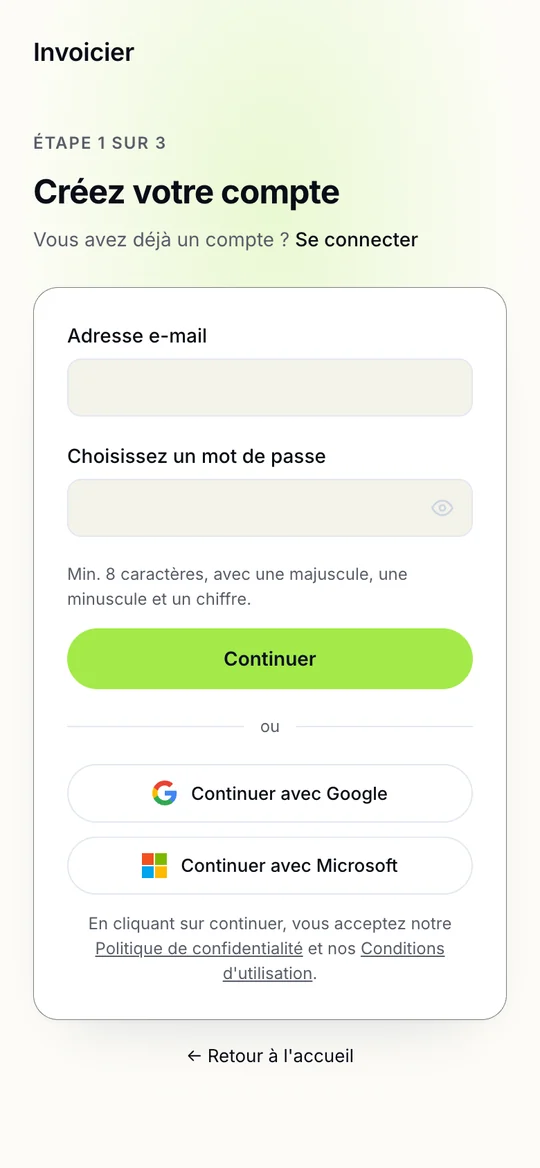 Inscription à Invoicier sur un téléphone